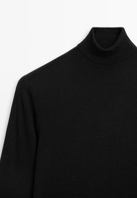 Schwarzer Rollkragenpullover aus glattem Strickmaterial, mit hohem Kragen und eng anliegenden Ärmeln, in einem schlichten und minimalistischen Design.
