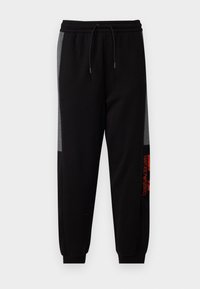 Černé tepláky s šedými bočními panely, elastickým pasem a šňůrkou. Na dolní části levé nohy se nachází červené logo "Emporio Armani". Měkká tkanina.