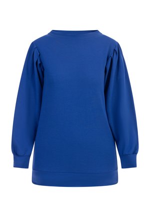 Pullover blu a maniche lunghe con collo rotondo, caratterizzato da maniche a palloncino e orlo aderente. Realizzato in morbido tessuto misto cotone.