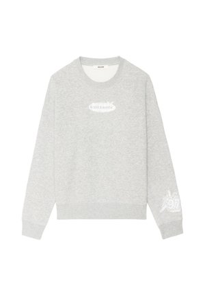 Felpa girocollo grigio chiaro con maniche lunghe, piccolo logo bianco sul petto e motivo a stella bianca sul polsino della manica sinistra.