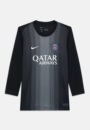 Langermet svart og grå stripete fotballdrakt fra Nike, med rund hals, Paris-logo og Qatar Airways-merke i hvitt.