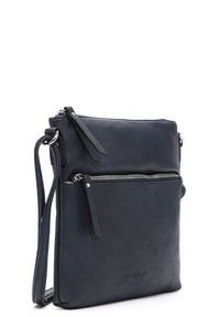 Navy leather crossbody bag with a textured finish, featuring two zippered compartments and adjustable shoulder strap.