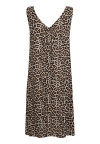 Leopardenmuster-Kleid mit V-Ausschnitt, ärmellosem Design, fließender Passform und leichtem Stoff in Beige-, Braun- und Schwarztönen.