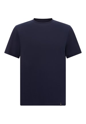 T-shirt blu navy a maniche corte in morbido cotone con scollo rotondo e orlo dritto. Presenta un piccolo logo vicino all'orlo.