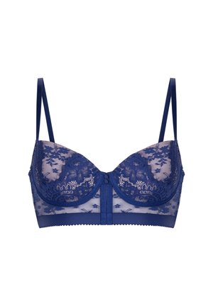 Bralette en dentelle bleu marine profond avec motifs floraux. Présente un design de tasse structuré, des bretelles réglables et une fermeture avant à crochets.