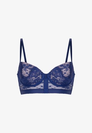 Kanten bralette in diep marineblauw met bloemmotieven. Heeft een gestructureerd cupontwerp, verstelbare schouderbandjes en een haaksluiting aan de voorkant.