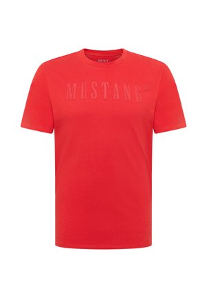 Red cotton t-shirt with short sleeves and a crew neck. Features embossed "MUSTANG" logo on the front. Smooth texture and classic fit.