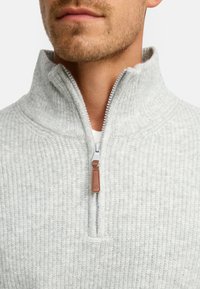 Lys grå lynlås sweater med ribbet tekstur, høj krave og en læder lynlåstrækdetalje. Glat inderside er synlig ved halsen.