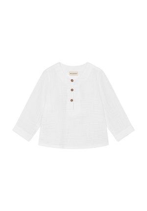 Blusa bianca in cotone con maniche lunghe, scollo rotondo e tre bottoni in legno sul davanti. Tessuto strutturato con leggero motivo a pieghe.