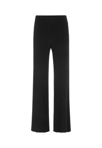 Black ribbed wide-leg pants with a high waistband and textured fabric; features a straight cut and slight flare at the hems.
