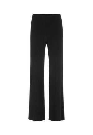 Black ribbed wide-leg pants with a high waistband and textured fabric; features a straight cut and slight flare at the hems.
