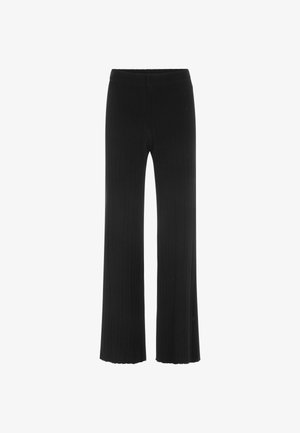 Black ribbed wide-leg pants with a high waistband and textured fabric; features a straight cut and slight flare at the hems.