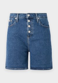 Denimshorts i mellomblått med høy midje, utstyrt med knappelukking og fem lommer. Glatt tekstur med minimale sømdetaljer.