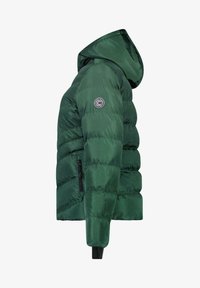 Groene pufferjack met een glanzende afwerking, capuchon, ribgebreide boorden en een logopatch op de linkermouw. Voorzien van ritssluitingen aan de zijkanten.