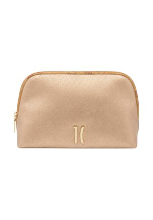 Borsa cosmetica rettangolare beige con una texture sottile, cerniera dorata e due piccoli accenti verticali in metallo dorato con logo sulla parte frontale.