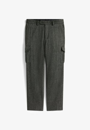 Grau karierte Cargo-Hosen mit Gürtelschlaufen, Knopfverschluss, seitlichen und Klappentaschen sowie geraden Beinen.