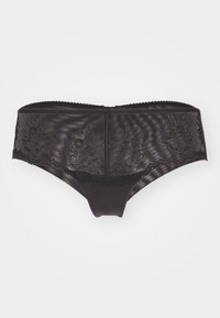Zwarte kanten en satijnen slip met florale borduursels, gegolfde randen en een gladde textuur. Het ontwerp heeft een brede tailleband.