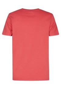 T-shirt rossa di cotone con maniche corte, collo rotondo e schiena liscia. Il tessuto sembra liscio e ha una consistenza leggera. Nessuna grafica o motivo visibile.