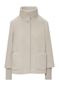 Lichtbeige wolmix jacket met hoge kraag, gestructureerd oppervlak, twee voorkruiszakken en geribbelde mouwen. Standaard pasvorm, geen zichtbare sluitingen.