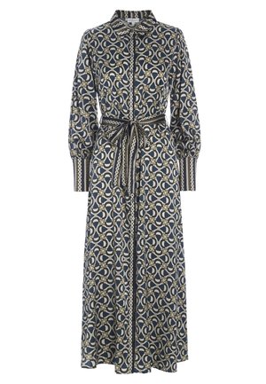 Robe chemise à manches longues avec motif géométrique chaîne en bleu marine, beige et noir, avec col, boutonnage devant et ceinture nouée à la taille.