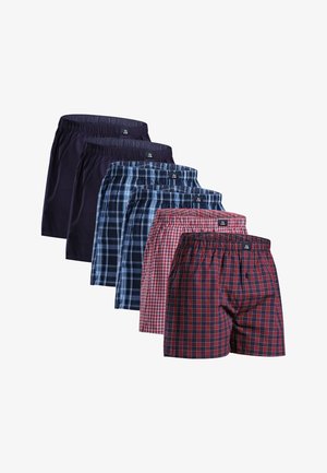 Boxer da uomo in cinque colori: blu navy uniforme, plaid blu, checked blu scuro, plaid rosso e un motivo rosso e blu. Fascia elastica in vita, materiale in cotone.