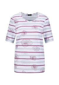 Short-sleeve white top featuring purple and gray horizontal stripes, floral patterns, and a rounded neckline. Made from soft, lightweight fabric.