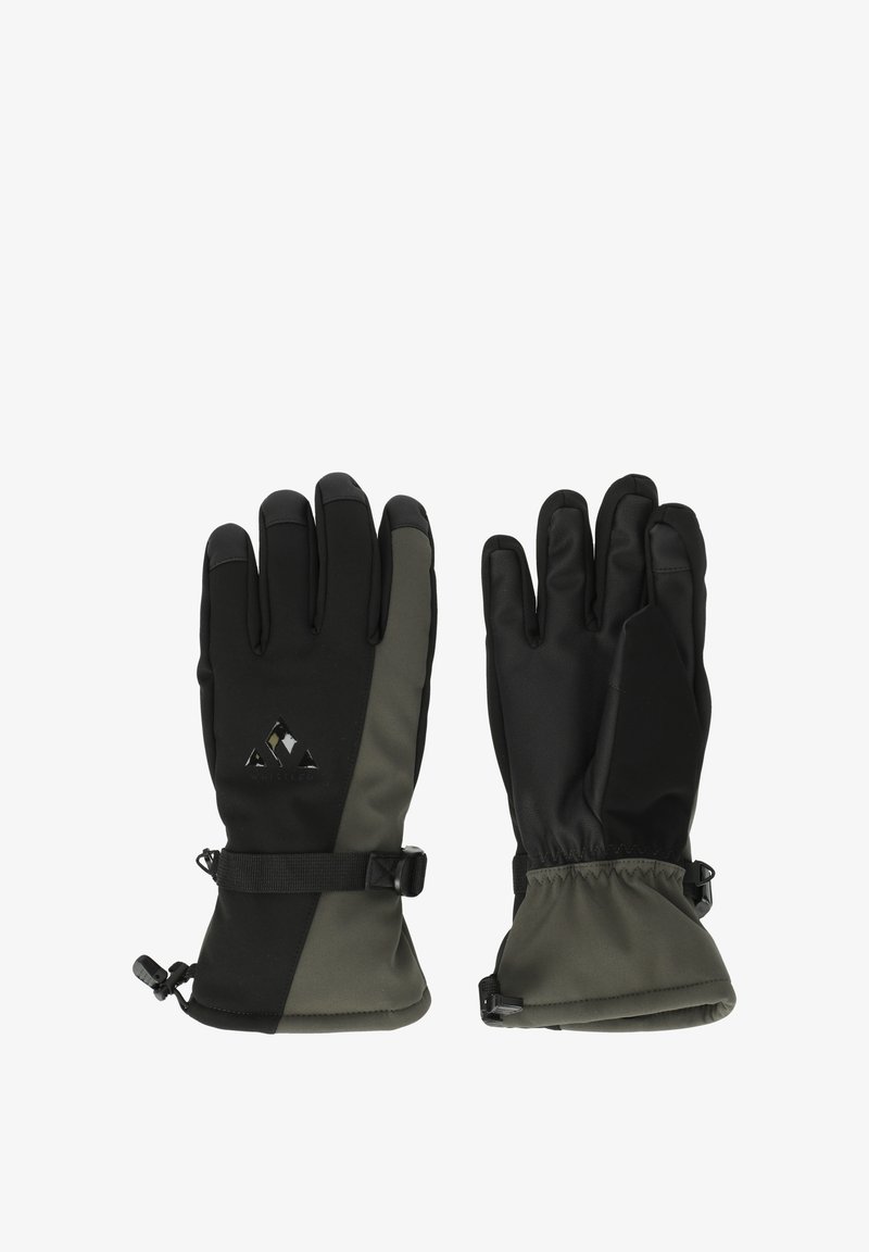 Svarta och olivgröna handskar har en slank design, mjuk textur, en justerbar manschett och en logotyp framtill.