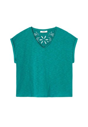 Haut à manches courtes couleur sarcelle avec encolure en V et motif en dentelle florale décorative à l'intérieur de l'encolure.