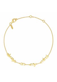 Guldarmbånd med ledninger, der staver "always on my mind" med små bogstaver, udstyret med en hummerlås og fint kædedesign.