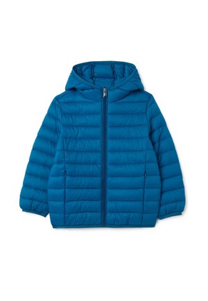 Giacca imbottita blu con cappuccio, dotata di zip frontale, cuciture orizzontali e polsini elasticizzati. Materiale leggero.