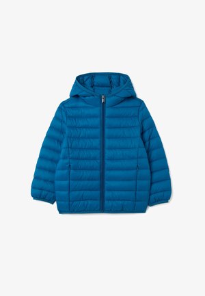 Blaue gepolsterte Jacke mit Kapuze, mit einem Reißverschluss vorne, horizontalen Nähten und elastischen Bündchen. Leichtes Material.