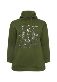 Olivgrön hoodie med stort grafiskt tryck som visar "Vintage New York College Team" i kontrasterande färger, snoddhuva och avslappnad passform.