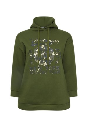 Sudadera verde oliva con un gran estampado gráfico que presenta "Equipo Universitario Vintage de Nueva York" en colores contrastantes, capucha con cordón y corte holgado.