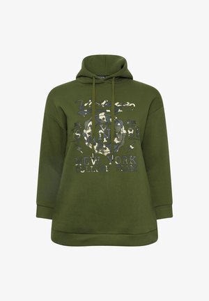 Felpa verde oliva con grande stampa grafica che presenta "Vintage New York College Team" in colori contrastanti, cappuccio con coulisse e vestibilità rilassata.