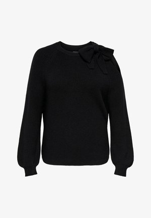 Črni pleteni pulover s krojnim ovratnikom, dolgimi napihnjenimi rokavi in nagubanimi poudarki na levem rami. Teksturni material, prilagojena silhueta.