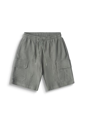 Pantaloncini cargo in spugna grigia con elastico in vita, coulisse e due tasche con patta su sfondo bianco.