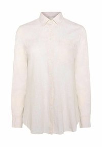 Lys beige skjorte lavet af hør med krave, lange ærmer, frontknapper og en brystlomme med en lille broderet detalje.