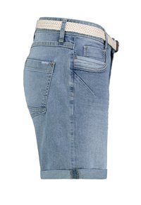 Denim shorts in light blue with a braided white belt. Features include five pockets, rolled hems, and stitched accents.