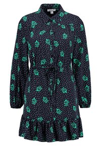 Vestito camicia blu navy con pois bianchi e motivi di rose verdi, con colletto, bottoni sul davanti e orlo arricciato. Cintura regolabile in vita.