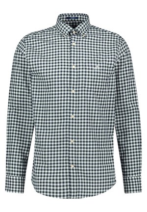 Herrenhemd mit langen Ärmeln und Knopfleiste, schwarz-weiß kariertem Vichymuster und kleinem Logo auf der Brust.