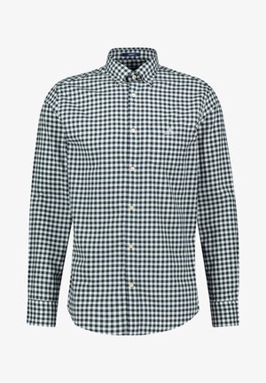 Herre langærmet skjorte med knapper og sort-hvid ginghamternmønster samt et lille logo på brystet.