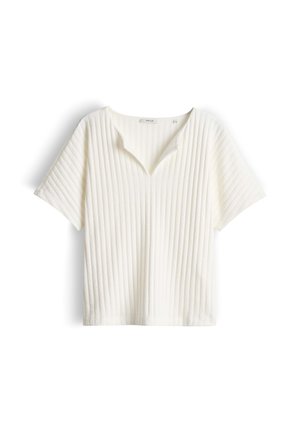 Wit geribd gebreid topje met korte mouwen, een V-uitsnijding aan de hals en een iets losse pasvorm.
