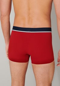 Boxers rojos confeccionados en tela elástica, con una cinturilla azul marino y una franja blanca. Textura suave y diseño ajustado.