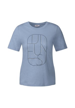 Helles blaues T-Shirt mit kurzen Ärmeln aus weichem Stoff und weiter Ausschnitt. Mit einem grafischen Druck in dunklerem Blau und silbernen Akzenten.