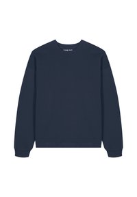 Sweatshirt bleu marine en tissu doux, avec un col rond, des manches longues et des poignets et ourlets côtelés. Design simple et uni.