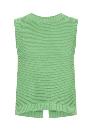 Green knitted sleeveless sweater vest with ribbed neckline, hem, and horizontal textured pattern.