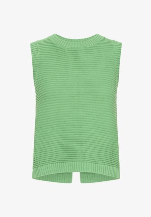 Green knitted sleeveless sweater vest with ribbed neckline, hem, and horizontal textured pattern.