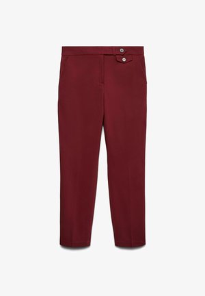 Schlanke burgunderfarbene Hosen mit Seitentaschen und einem doppelknöpfigen Verschluss am Bund, aus glattem Stoff gefertigt.