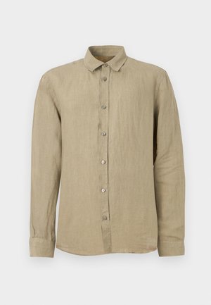 Camicia in lino beige a maniche lunghe con bottoni sul davanti e colletto classico, mostrata stesa su uno sfondo bianco.
