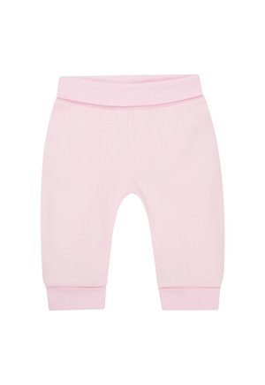 Weiche rosa Babyhose mit breitem Bund und gerippten Bündchen, entwickelt für Komfort und einfache Bewegungsfreiheit.